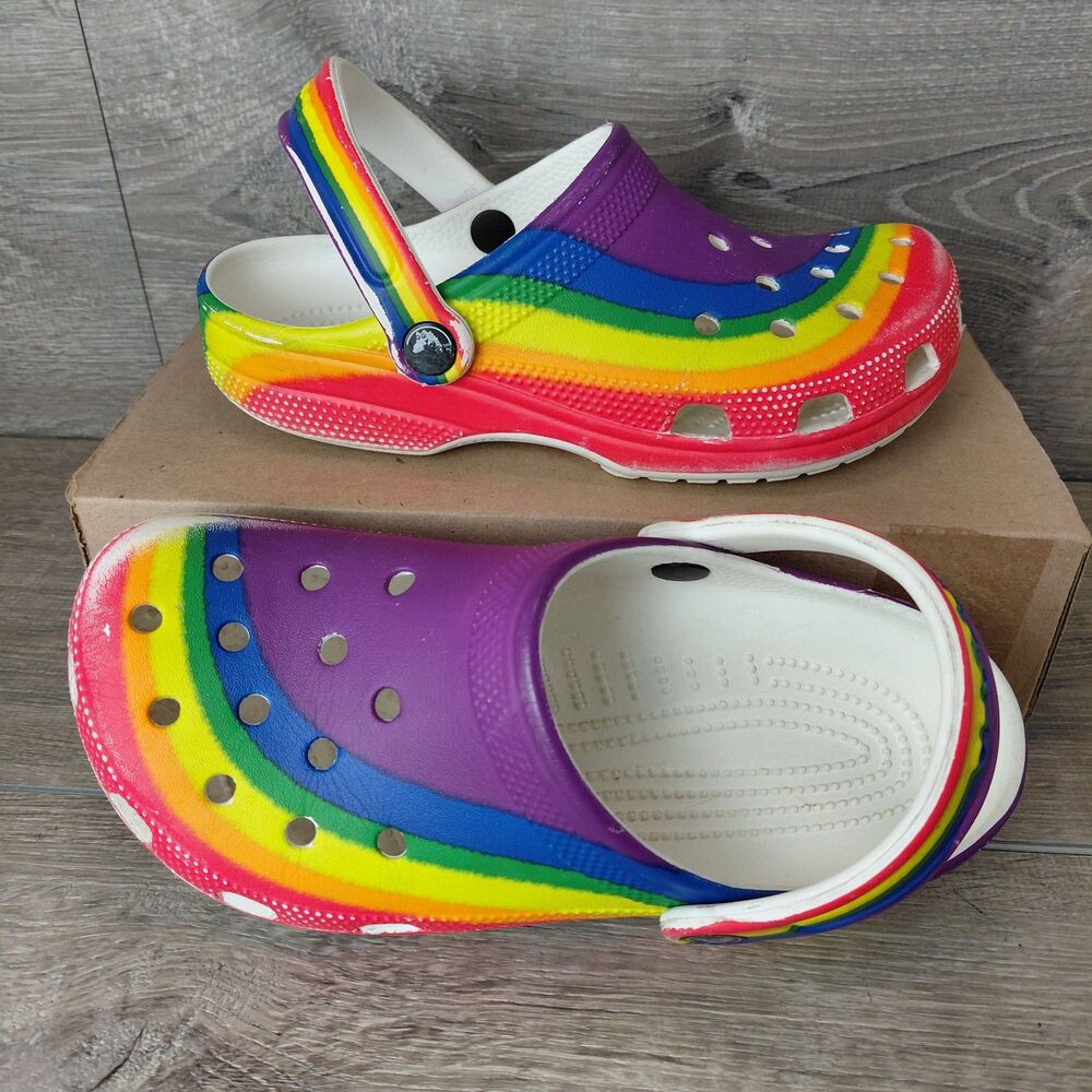 Crocs Classic Clogs Unisex M5 W7 Rainbow Slip On Shoes Lightweight Pride Sandals